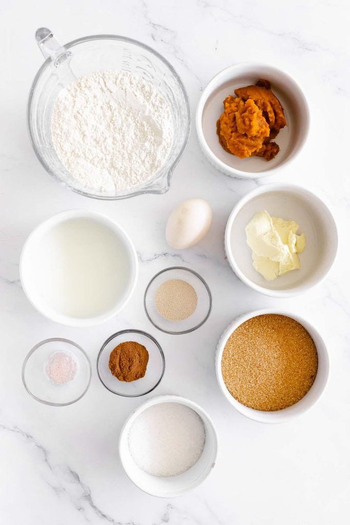 Ingredients for pumpkin cinnamon rolls.