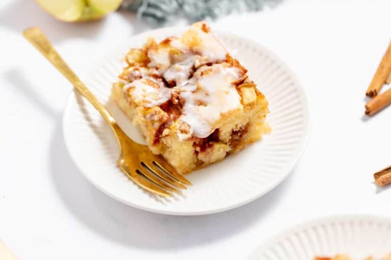 A slice of cinnamon apple swirl cake.