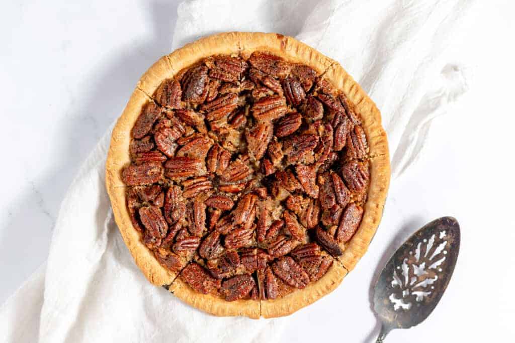 A top down shot of pecan pie.