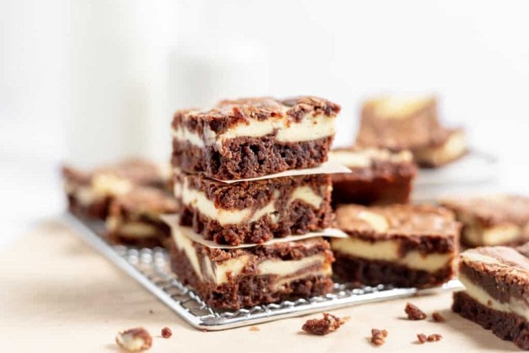 Stack of cheesecake brownies.