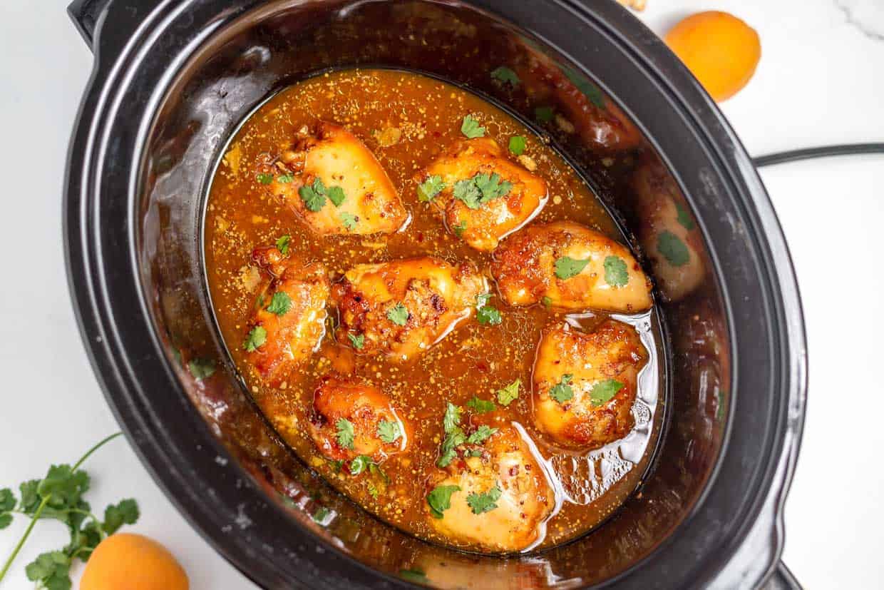 A platter of slow cooker apricot chicken.