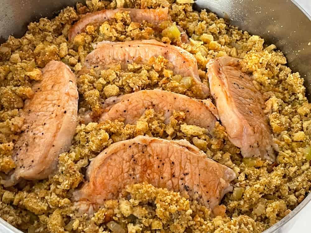 Stuffing and pork chop in a casserole.