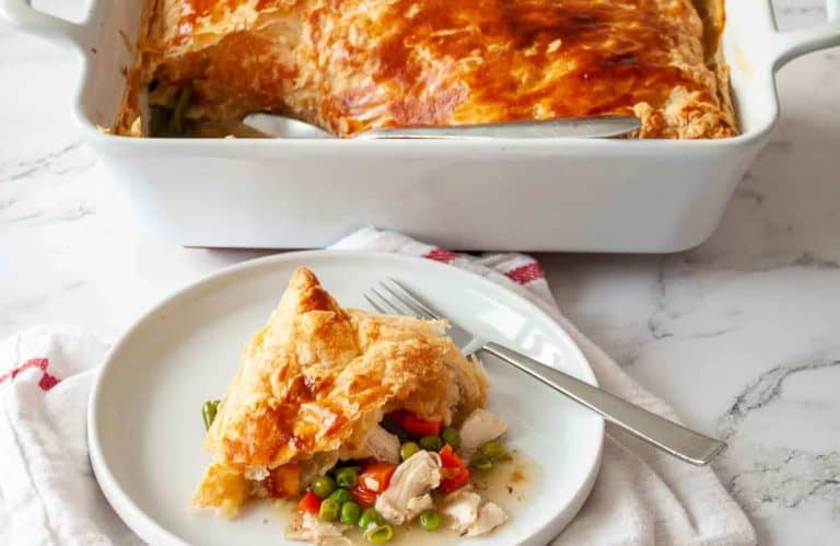 Turkey pot pie with puff pastry.