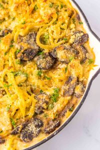 Creamy turkey tetrazzini in a skillet.