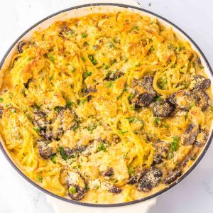 Creamy turkey tetrazzini in a skillet.
