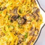Turkey tetrazzini in a skillet.