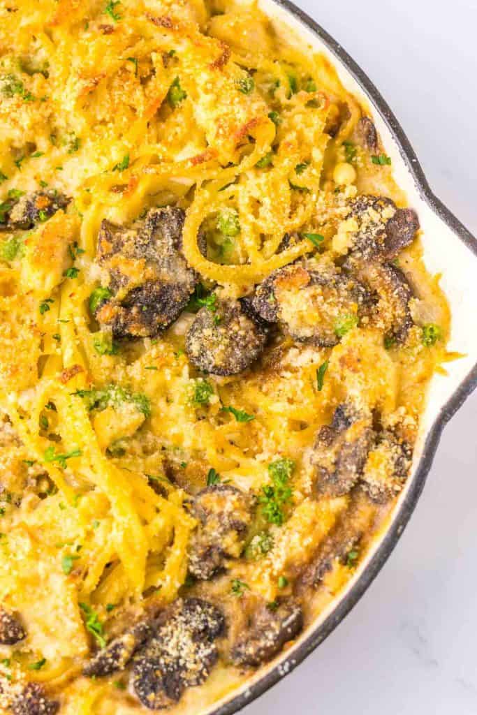 Turkey tetrazzini in a skillet.
