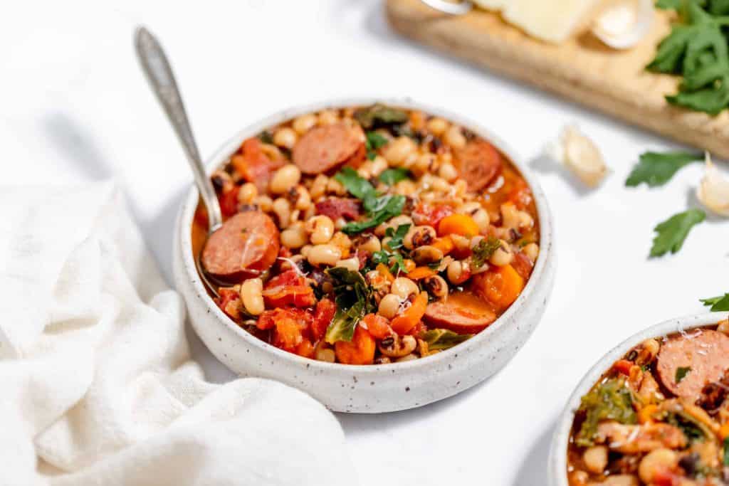 A bowl of Black-Eyed Pea Soup.