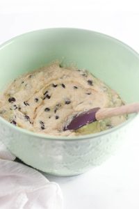 The batter mixed with chocolate chips, ready for scooping.