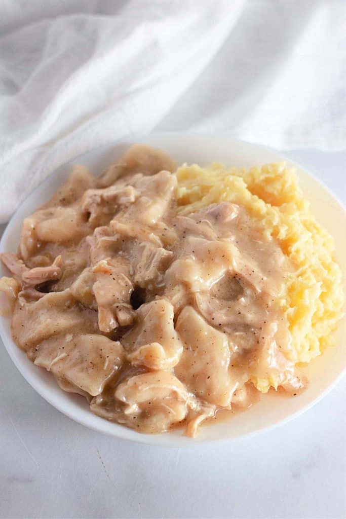 Easiest Chicken and Dumplings in a bowl.