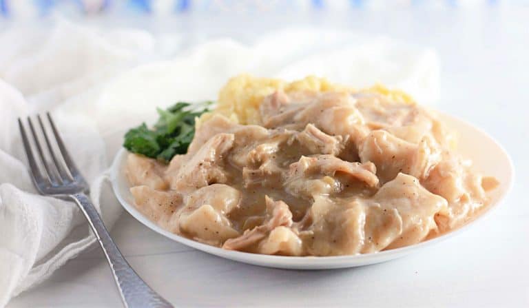 Chicken and dumplings served with mashed potatoes.