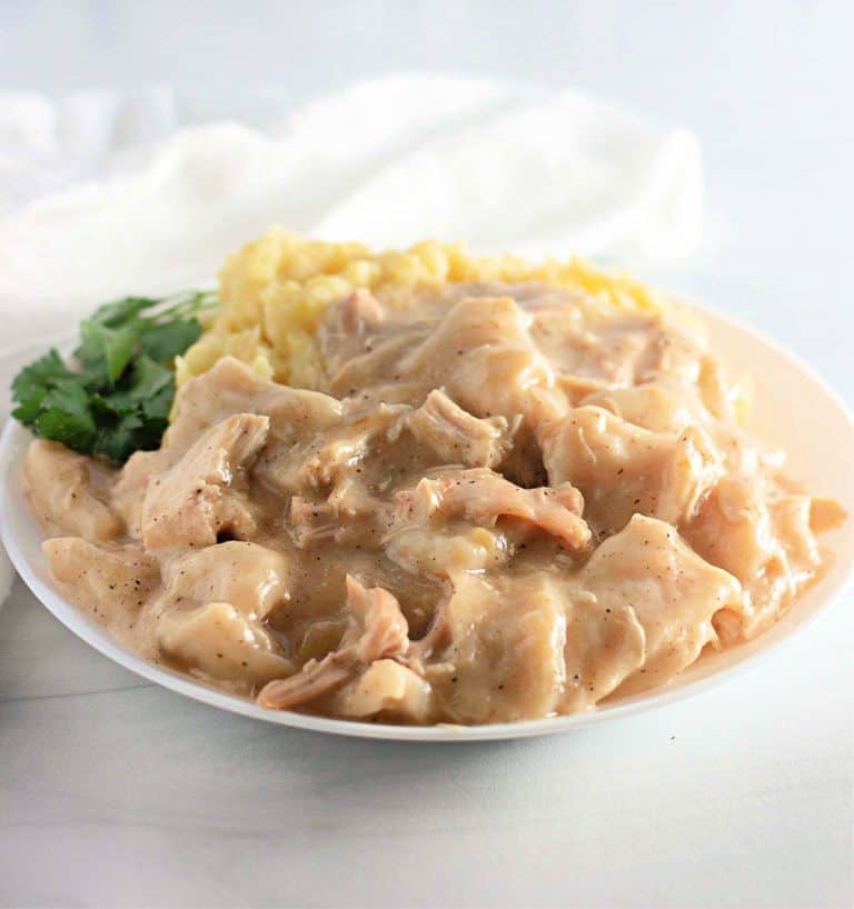 Easiest Chicken and Dumplings in a bowl.