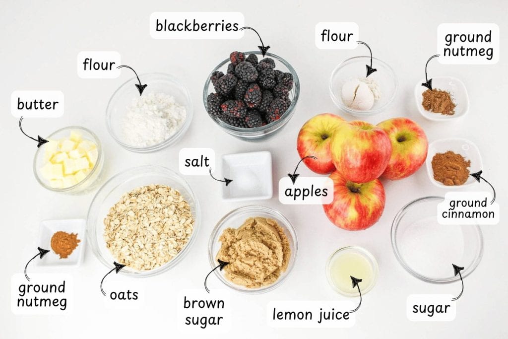 Apple Blackberry Crisp ingredients with label.