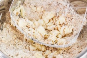 Close-up of the crisp topping mixture with butter blended in.