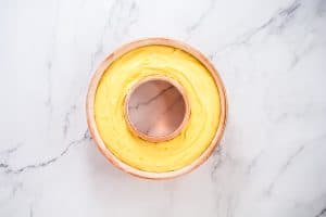 Lemon pudding cake batter in the prepared Bundt pan