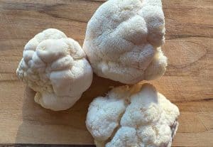 Three lion’s mane mushrooms on a wooden cutting board.