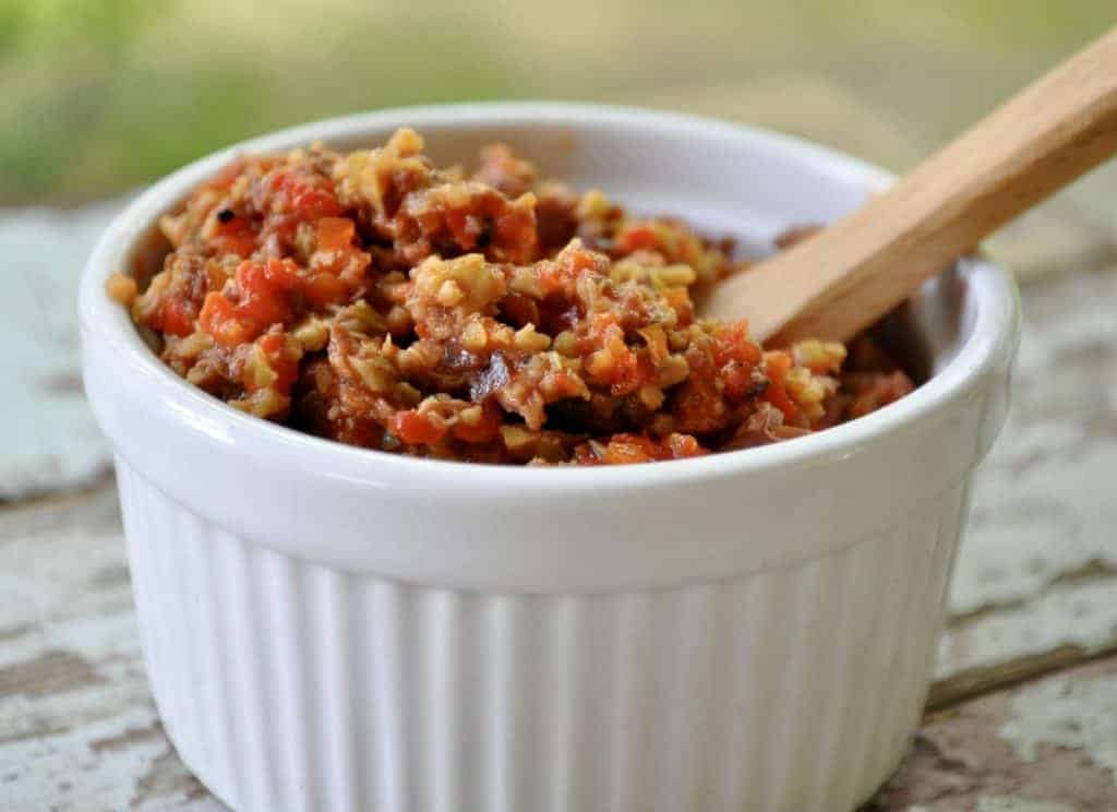 Red pepper tapenade in a bowl.
