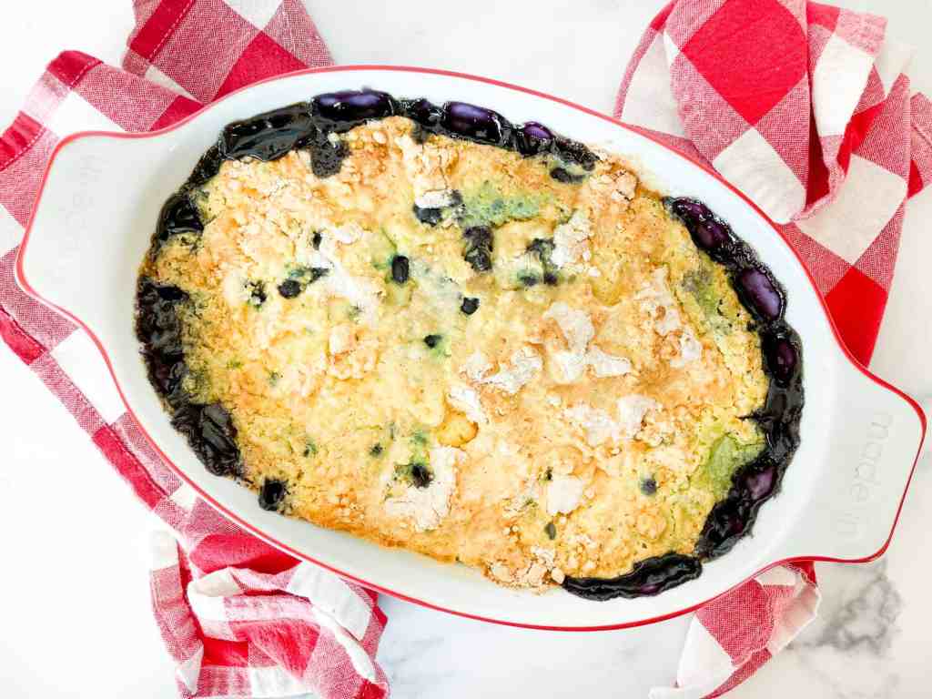 Blueberry dump cake in a baking dish.