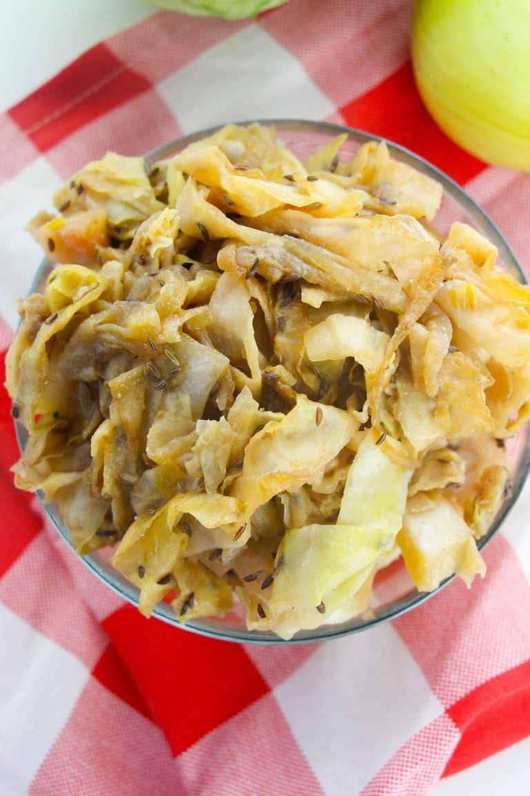 Overhead view of a bowl of braised cabbage.