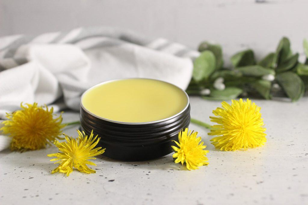 Black tin of yellow dandelion salve with dandelion flowers on a white surface.