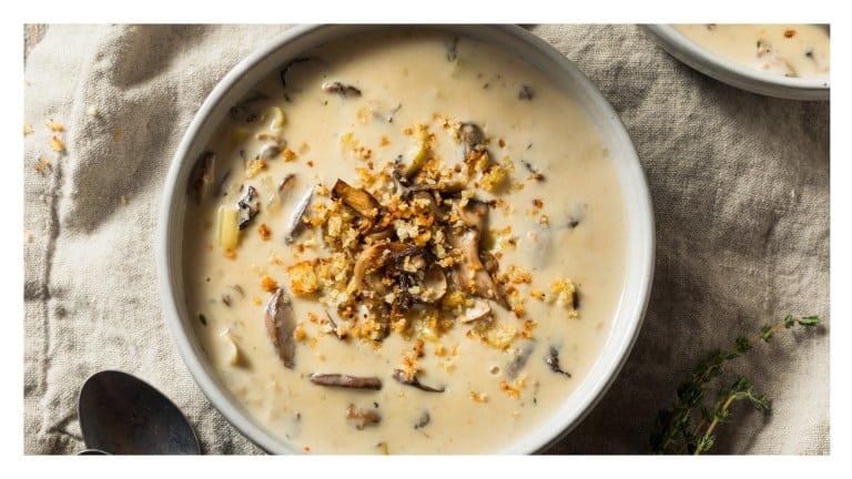 Bowl of cream of mushroom soup.