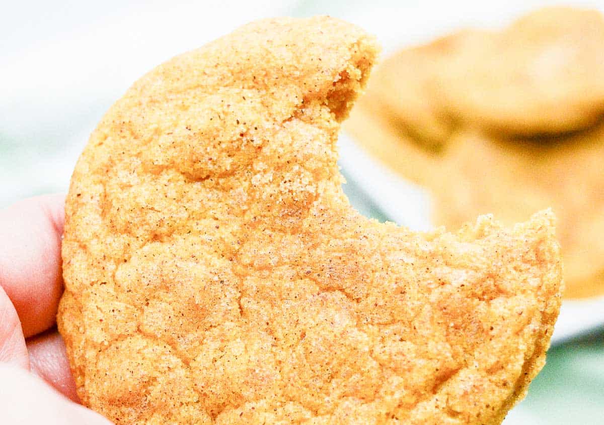 Close-up of a pumpkin snickerdoodle cookie with a bite taken out.