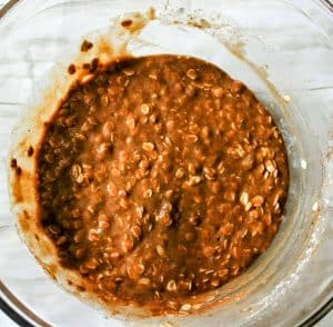 Mixed apple cider blondie batter with oats.