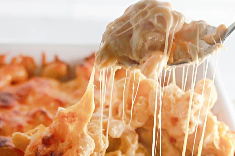 Close-up of spoonful of cheesy macaroni and cheese.