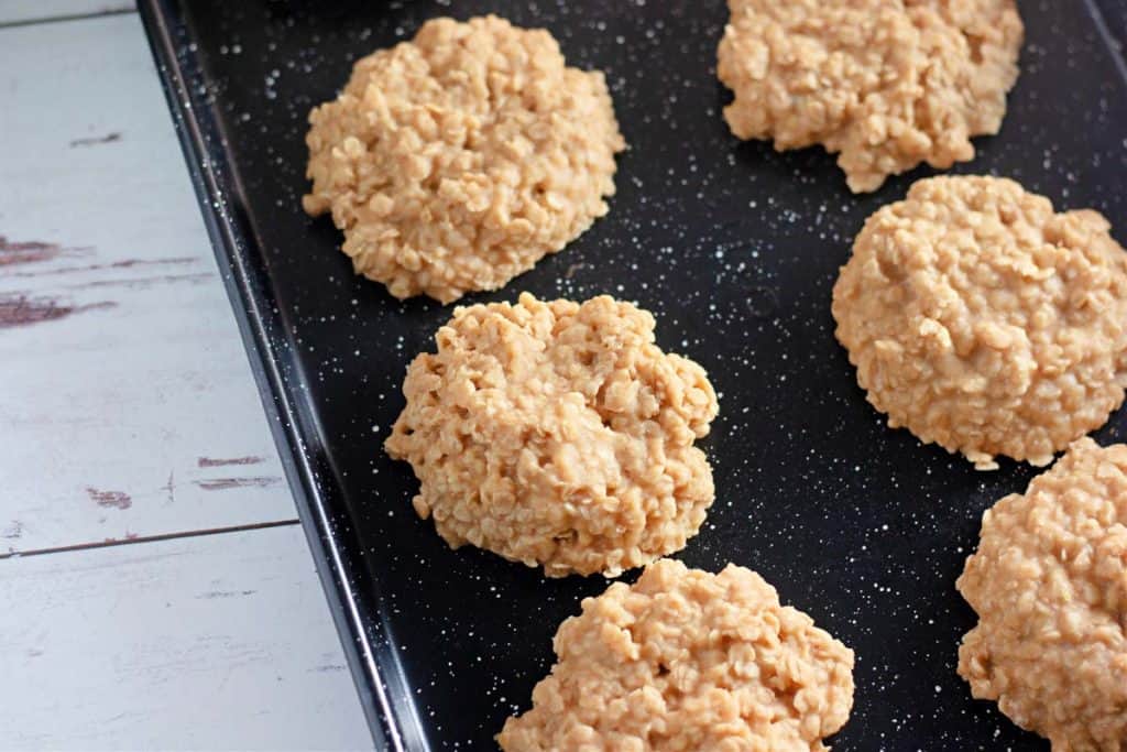 Tray of peanut butter no-bake cookies.