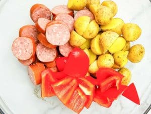 Red bell peppers added to the sausage and potatoes.