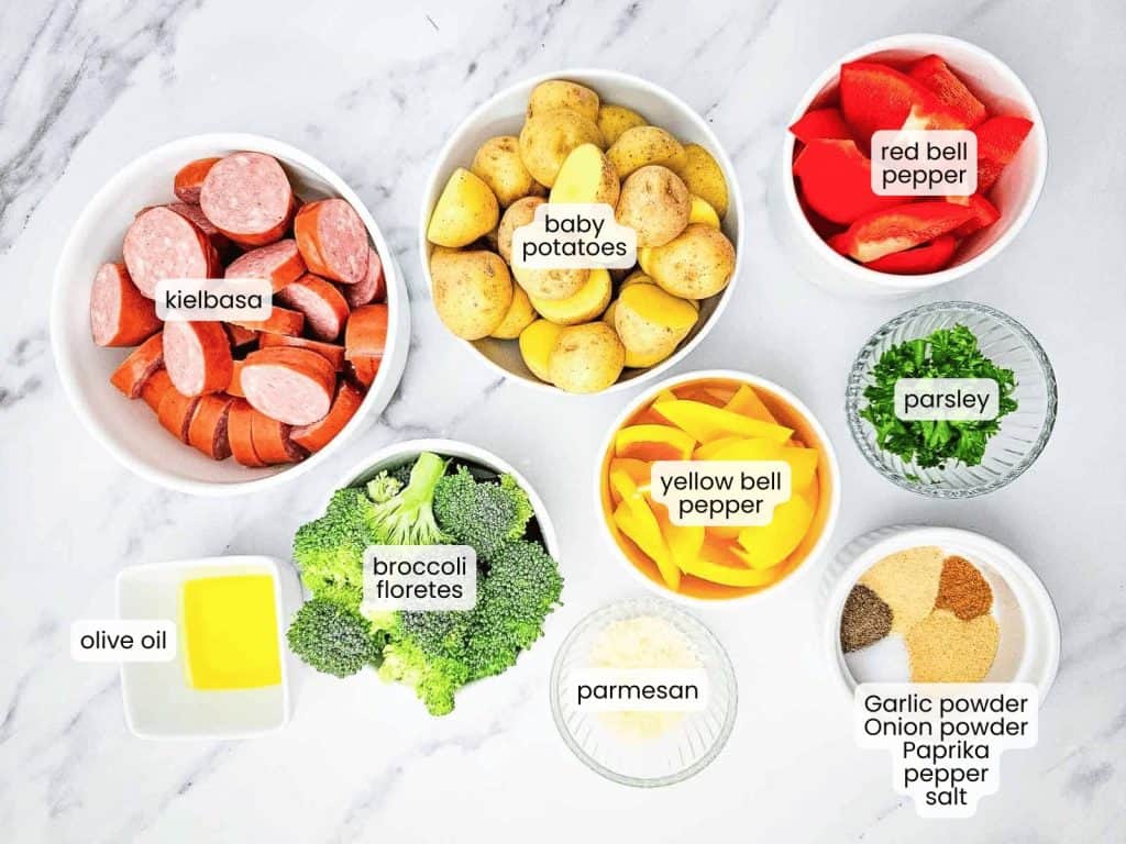 Labeled ingredients for sheet pan sausage and vegetables.