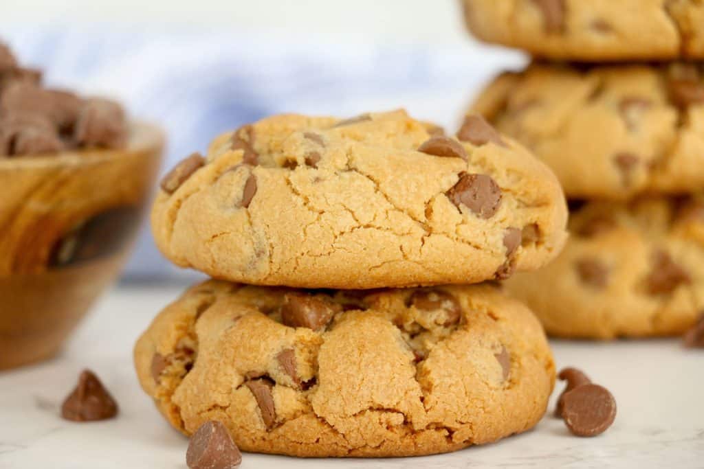 Close-up of golden, chunky chocolate chip cookies.