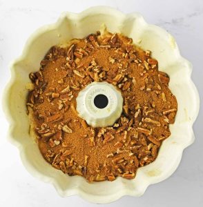 Cinnamon pecan filling sprinkled evenly over the first layer of batter in the Bundt pan.