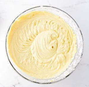 Thick cake batter fully mixed and ready to assemble.