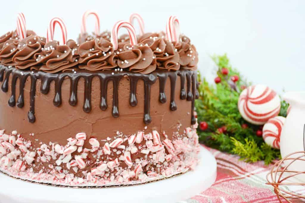 Chocolate peppermint cake with chocolate drip frosting, candy cane decorations, and crushed peppermint around the base.