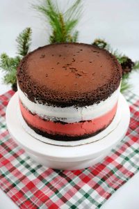 Chocolate cake with red and white peppermint frosting layers on a cake stand.