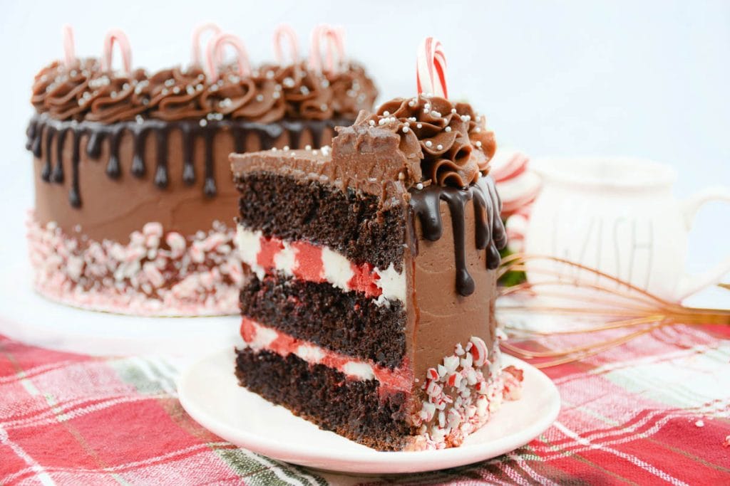 Slice of chocolate peppermint cake with red and white filling on a plate.