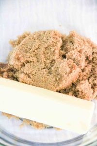 Brown sugar and butter in a bowl for Peanut Butter Banana Cookies.