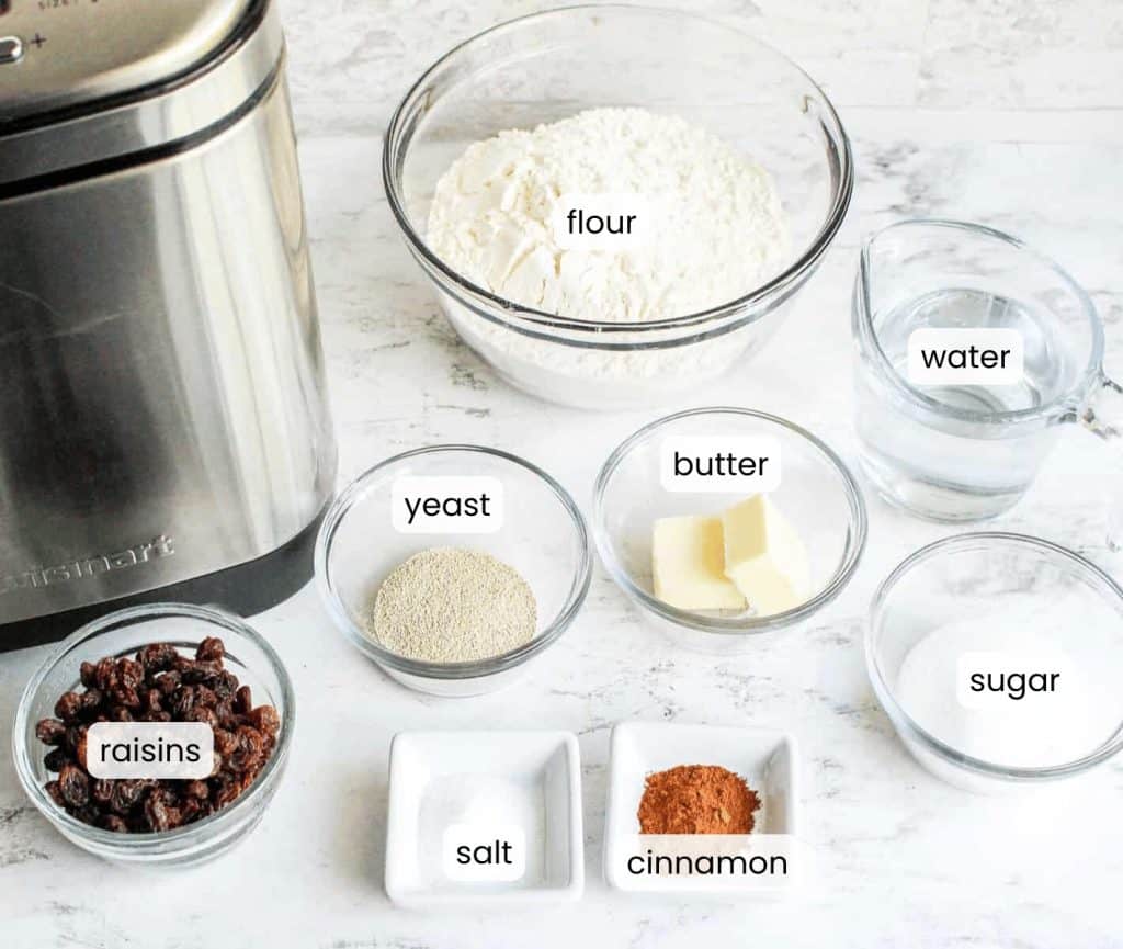 Labeled Ingredients for Bread Machine Cinnamon Raisin Bread.